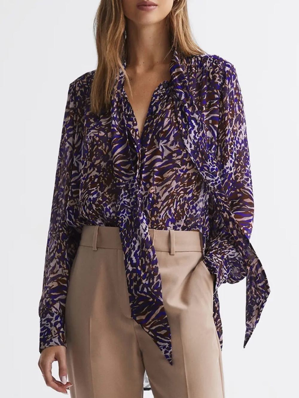 Reiss Purple and Brown Animal-Print Tie-Neck Blouse